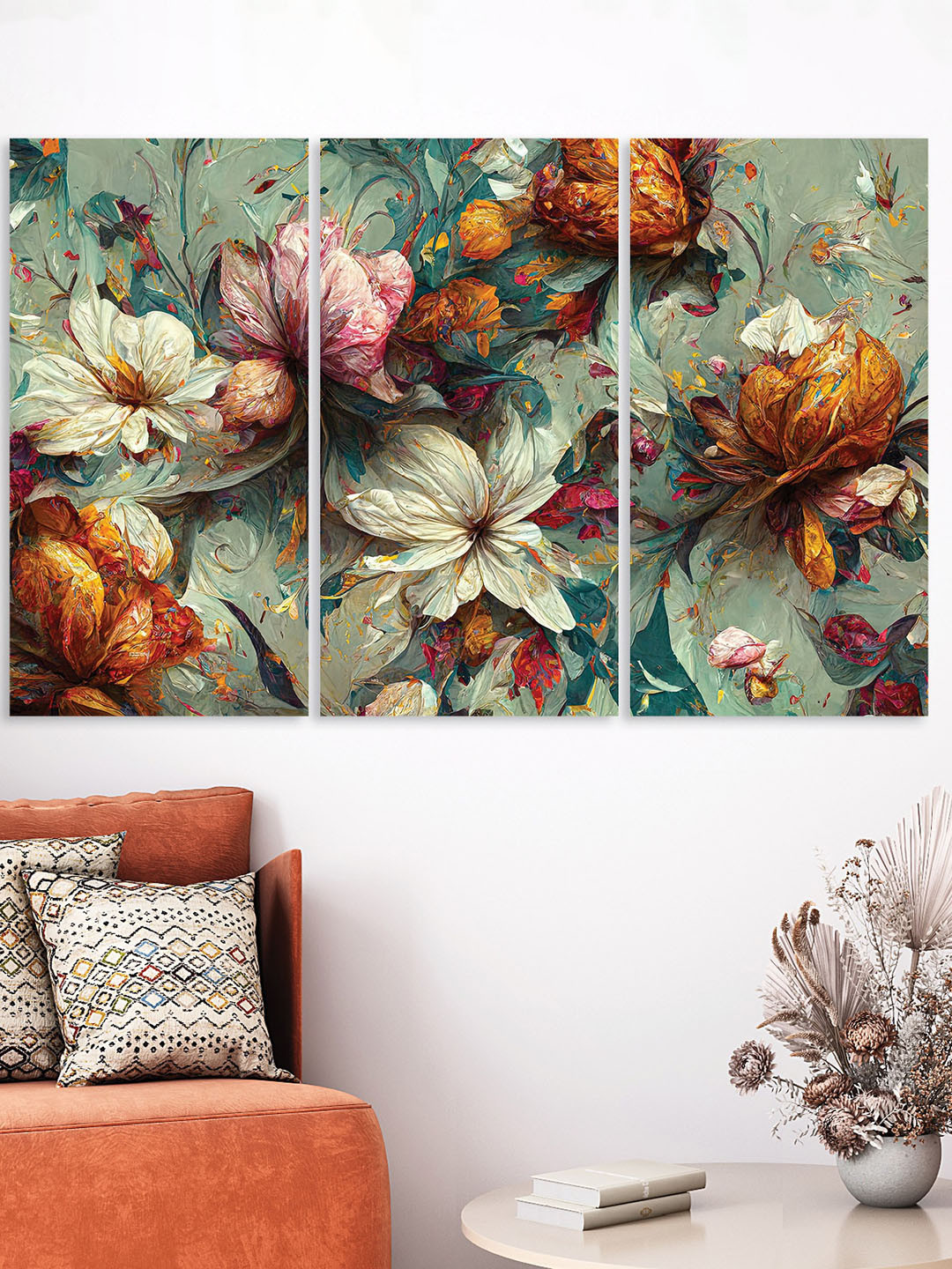 RANDOM Green & Cream Colored 3-Pcs Beautiful Flowers Abstract Wall Painting