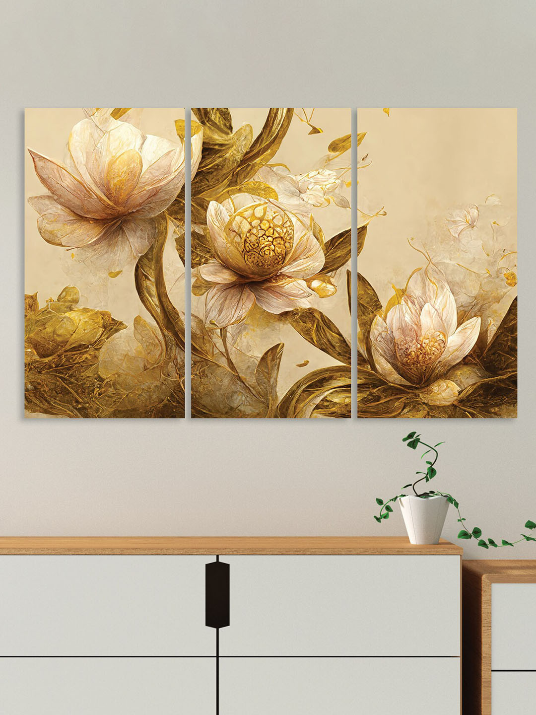 RANDOM Gold-Toned & Olive Green 3 Pcs Flowers Abstract Canvas Wall Painting