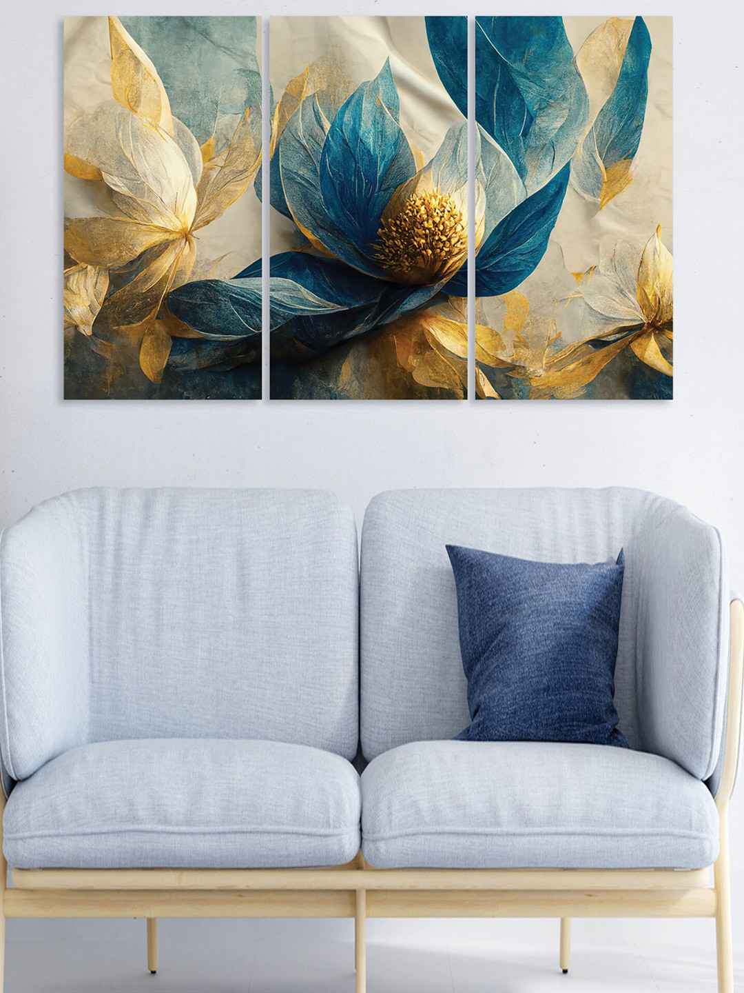 RANDOM Flower Blue Canvas 3 Pcs Wall Living Room Rectangle Paintings Wall Art -30 x 16In