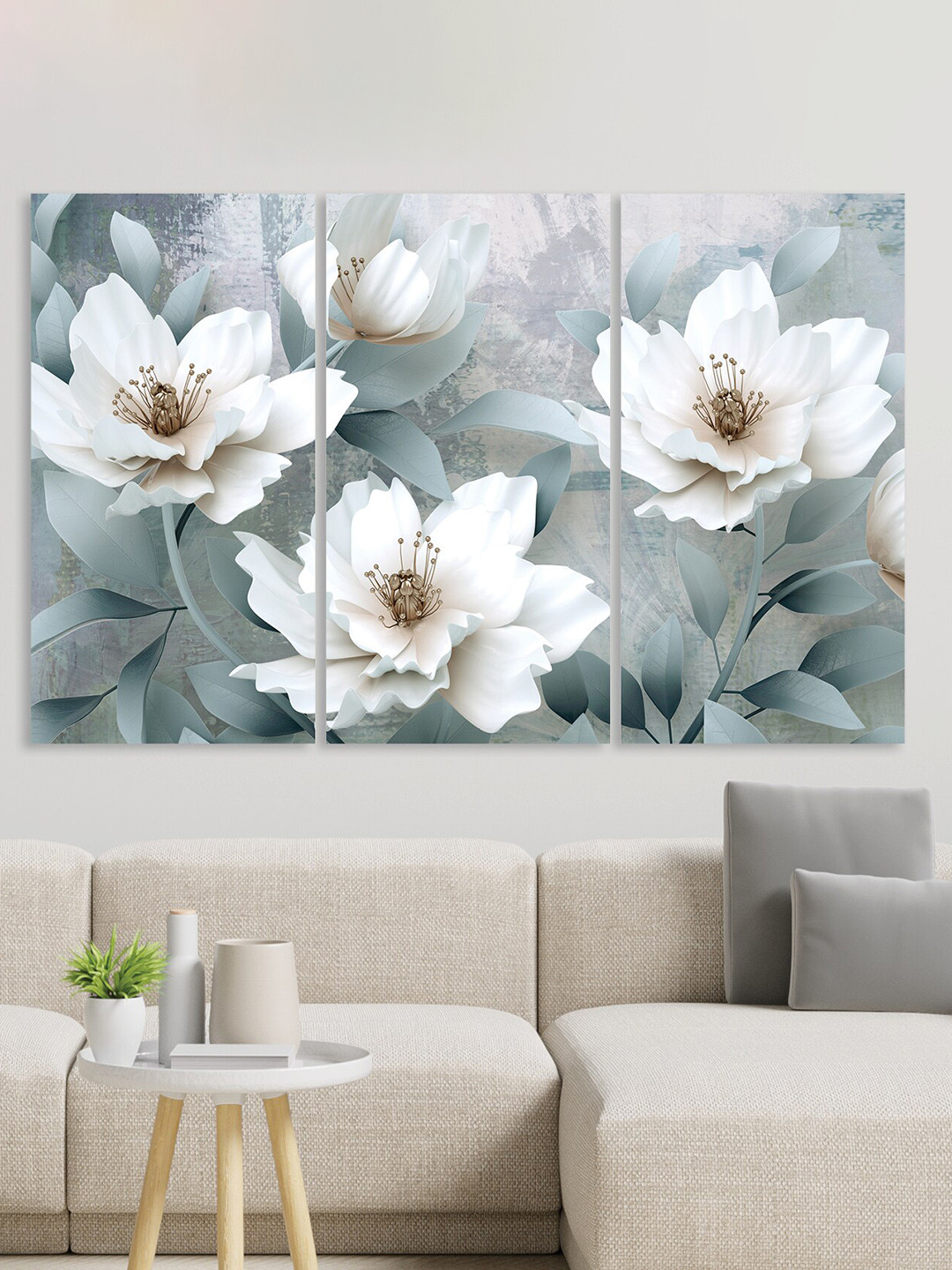 RANDOM Flower Grey Canvas 3 Pcs Wall Living Room Rectangle Paintings Wall Art -30 x 16In
