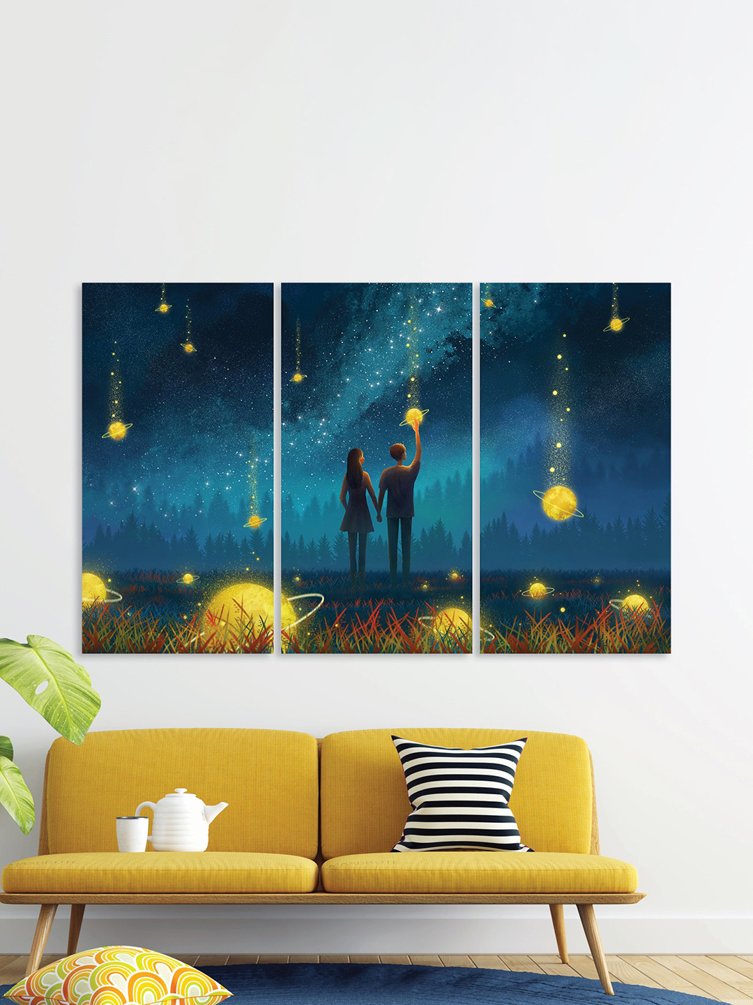 RANDOM Blue & Gold Colored 3-Pcs Beautiful Couple Abstract Wall Painting