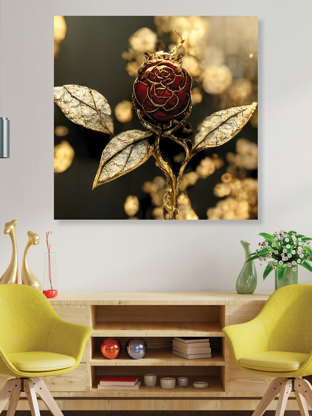 RANDOM Gold Toned & Red Flower Art Canvas Wall Painting