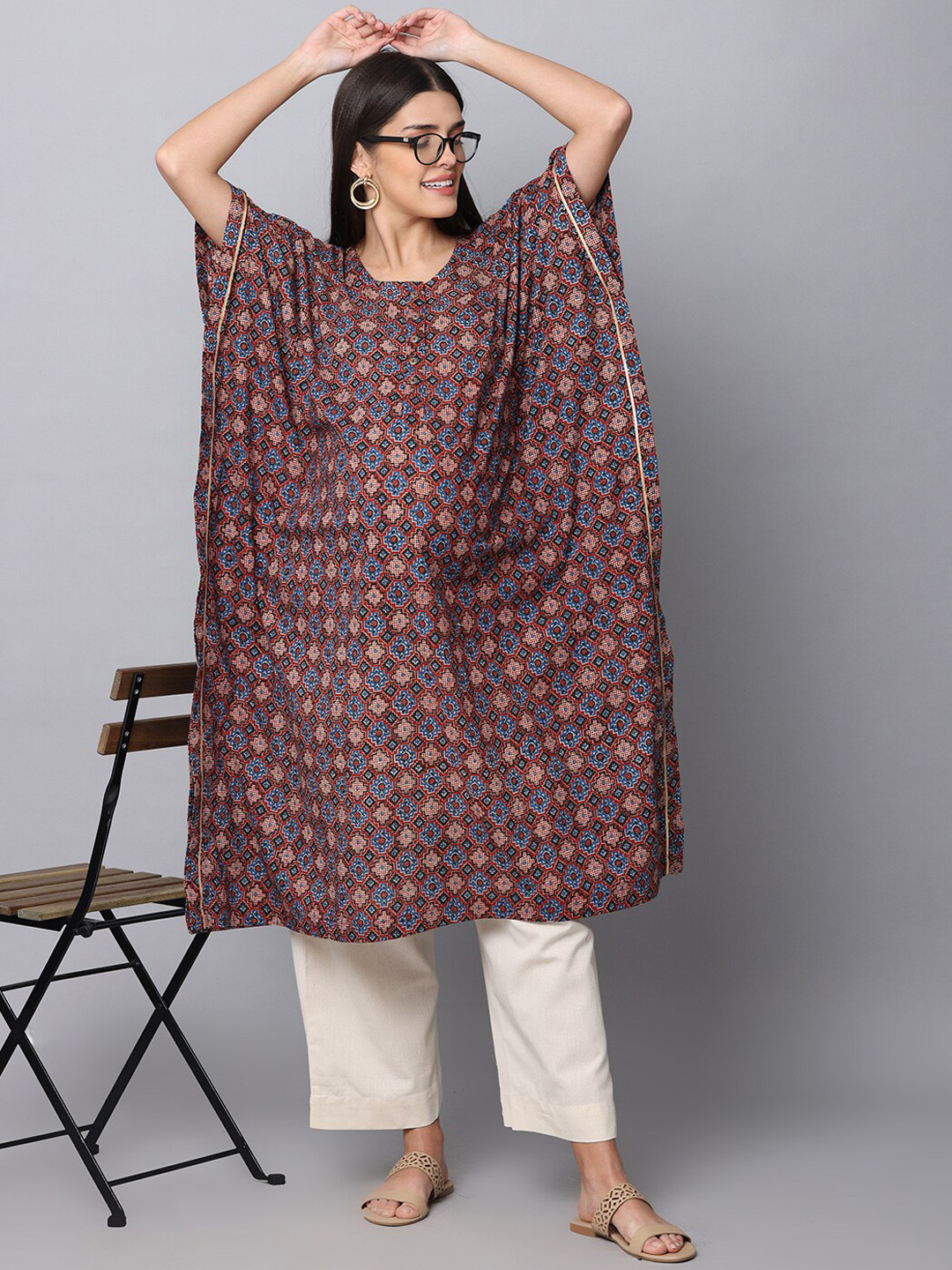 The Mom Store Maternity Ethnic Motifs Printed Kaftan Pure Cotton Kurta with Palazzos
