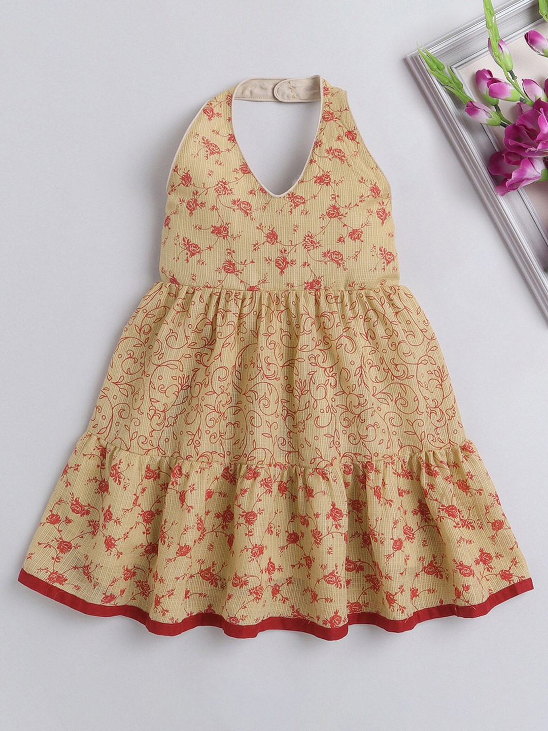 The Magic Wand Girls Floral Printed Halter Neck Smocked Cotton Fit & Flare Dress