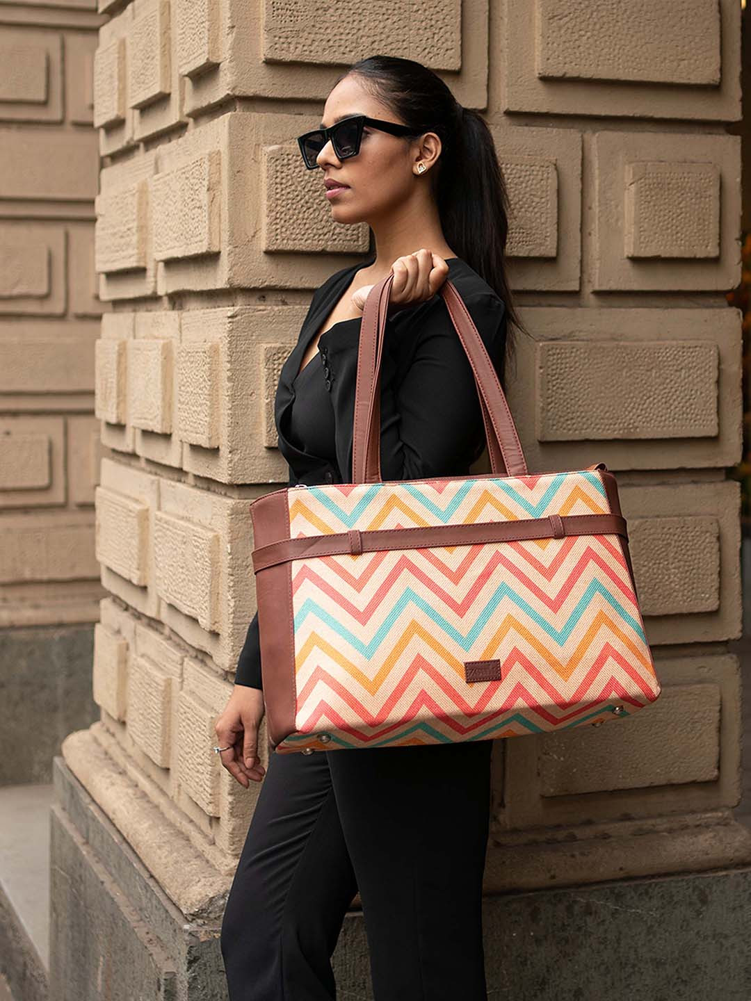 ZOUK Chevron Printed Structured Jute Laptop Shoulder Tote Bag