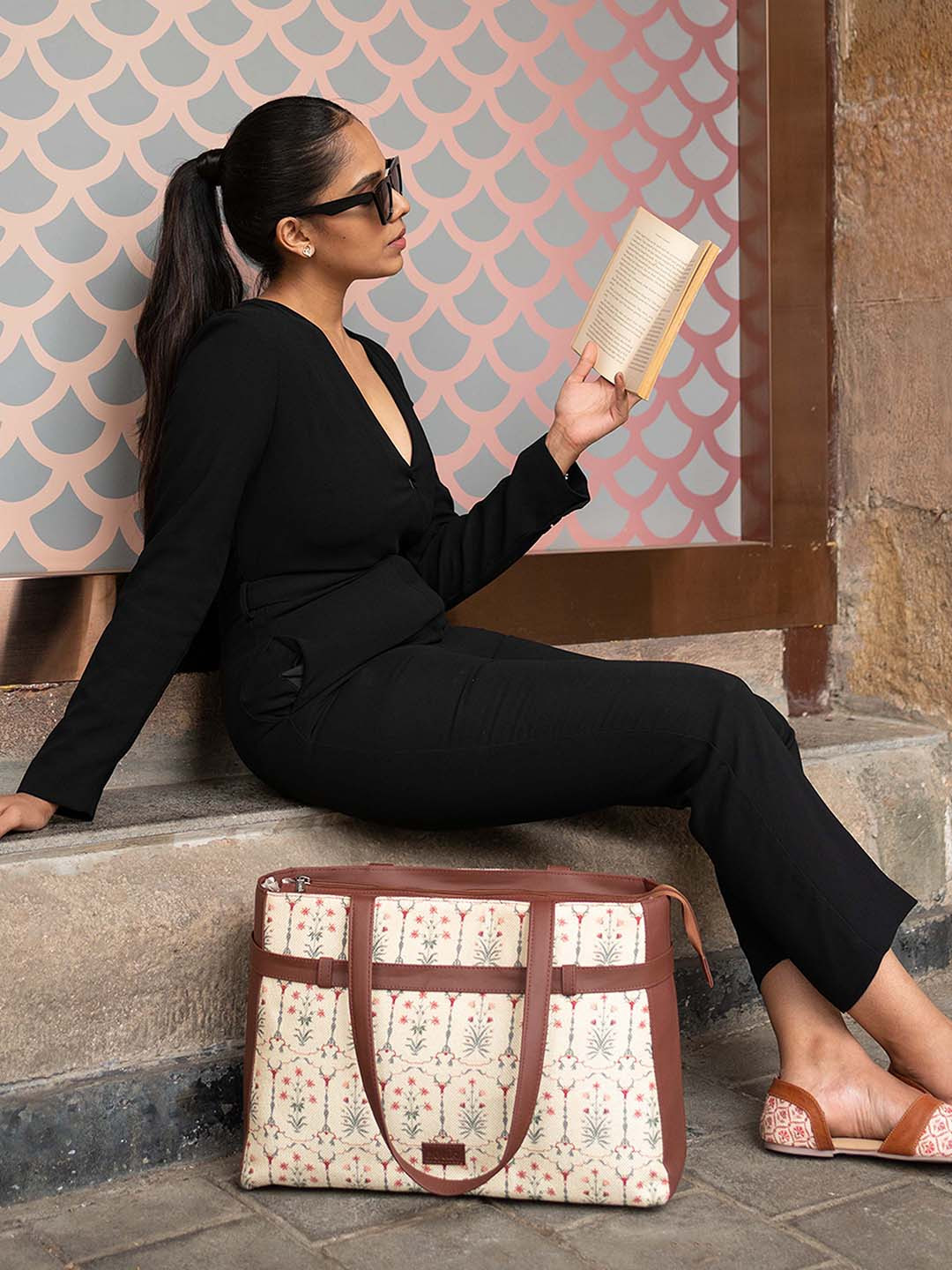 ZOUK Printed Structured Laptop Shoulder Tote Bag