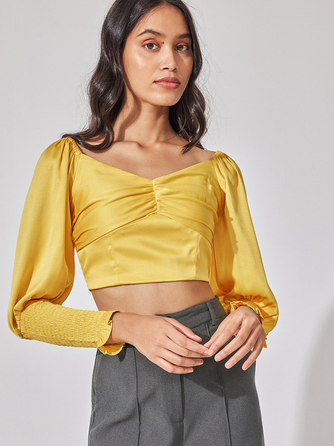 The Label Life Long Puff Sleeve V-Neck Ruched Crop Top