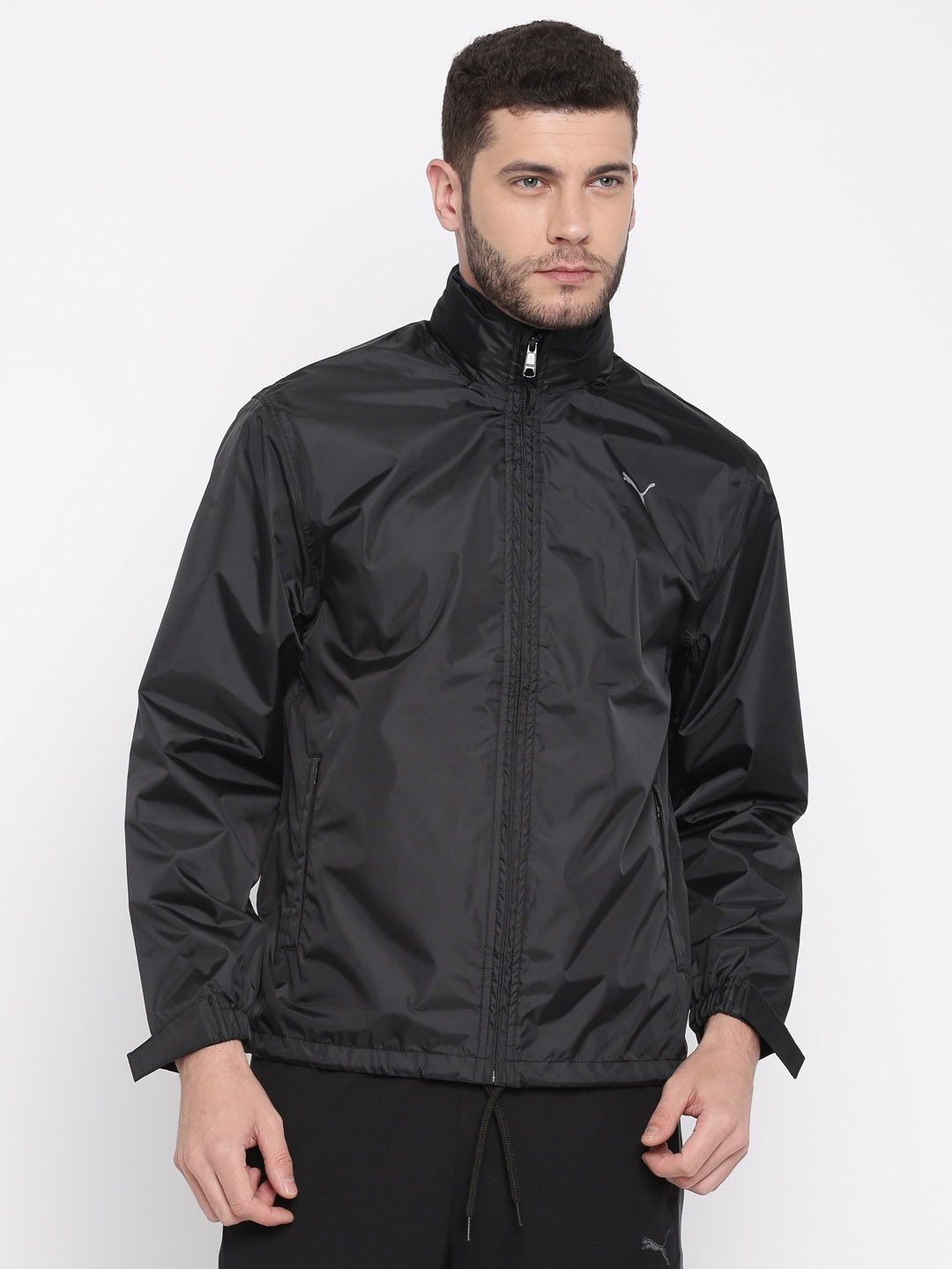 Puma Men Black Solid Hooded Rain Jacket