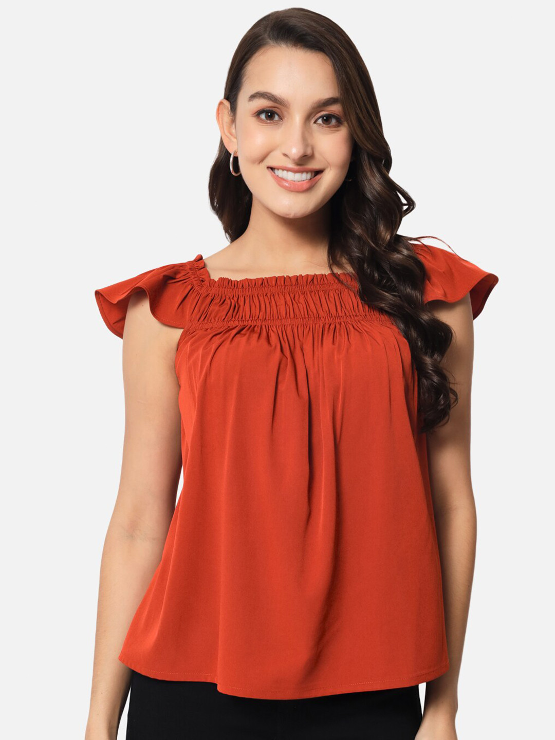 ALL WAYS YOU Square Neck Cap Sleeves Smocking A-Line Top