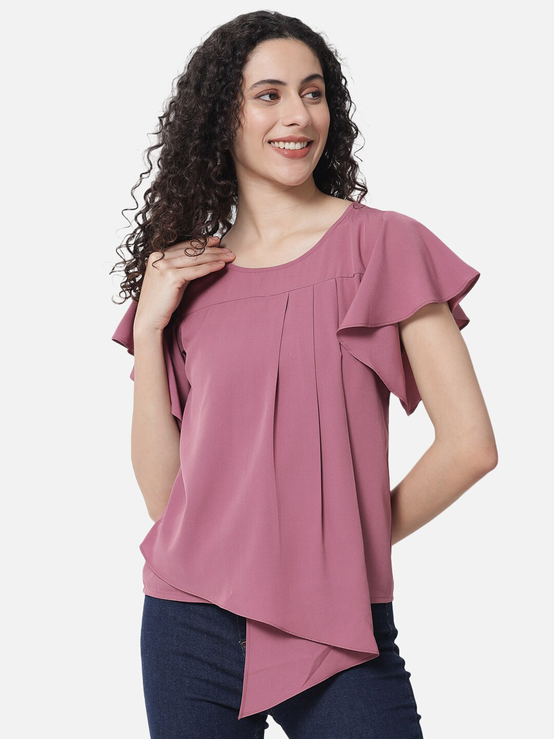 ALL WAYS YOU Gathers Round Neck Flutter Sleeve Top