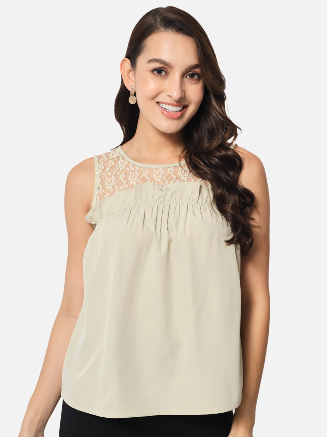 ALL WAYS YOU Sleeveless Lace Inserts Gathers Top