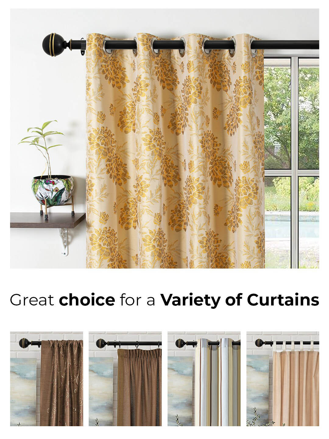 Deco Window Black Extendable Curtain Rods With Brackets