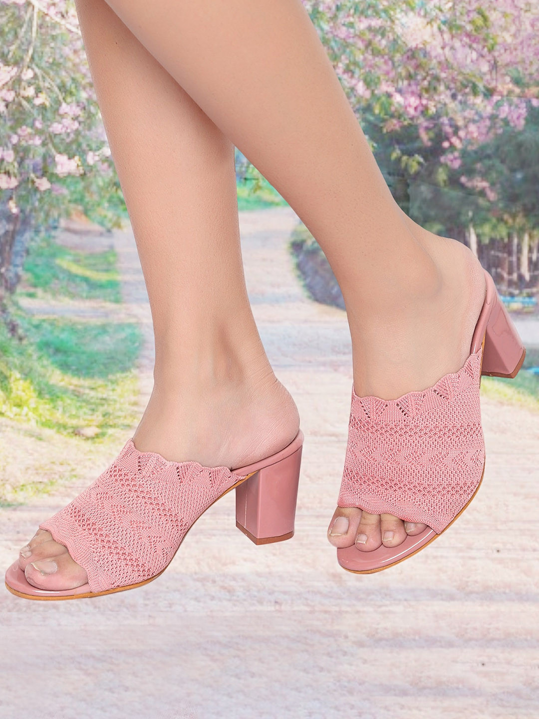 Action Woven Design Open Toe Block Heels