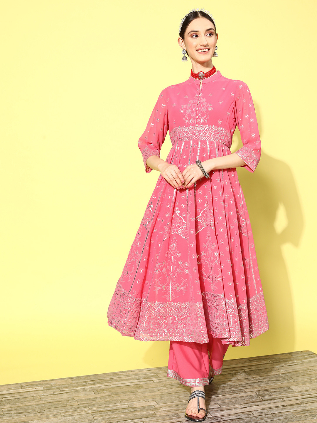 Juniper Coral Floral Foil Printed Pleated Kurta With Palazzos