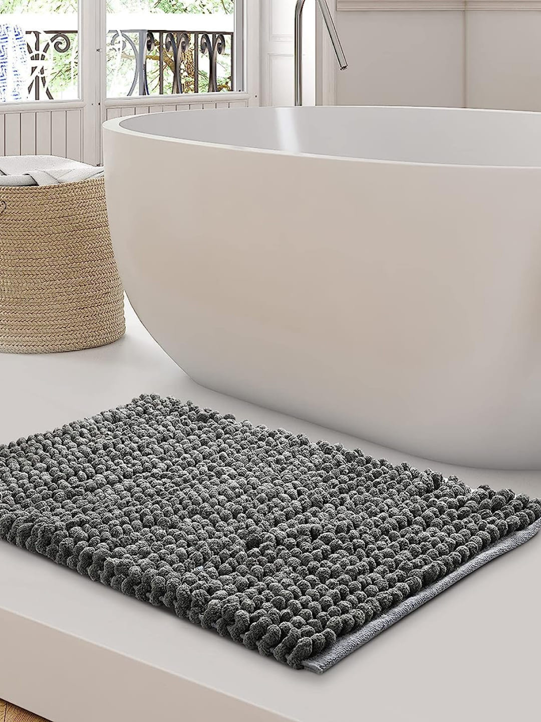 SASHAA WORLD Grey Self-Design 2050 GSM Rectangular Non-Slip Bath Rug