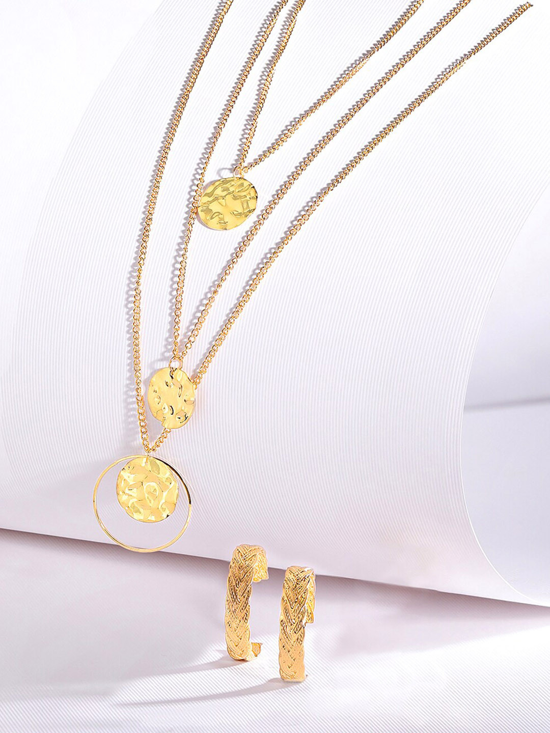 Rubans 18K Gold-Plated Set of 2 Layered Hammered Coin Pendant Necklace & Hoop Earrings