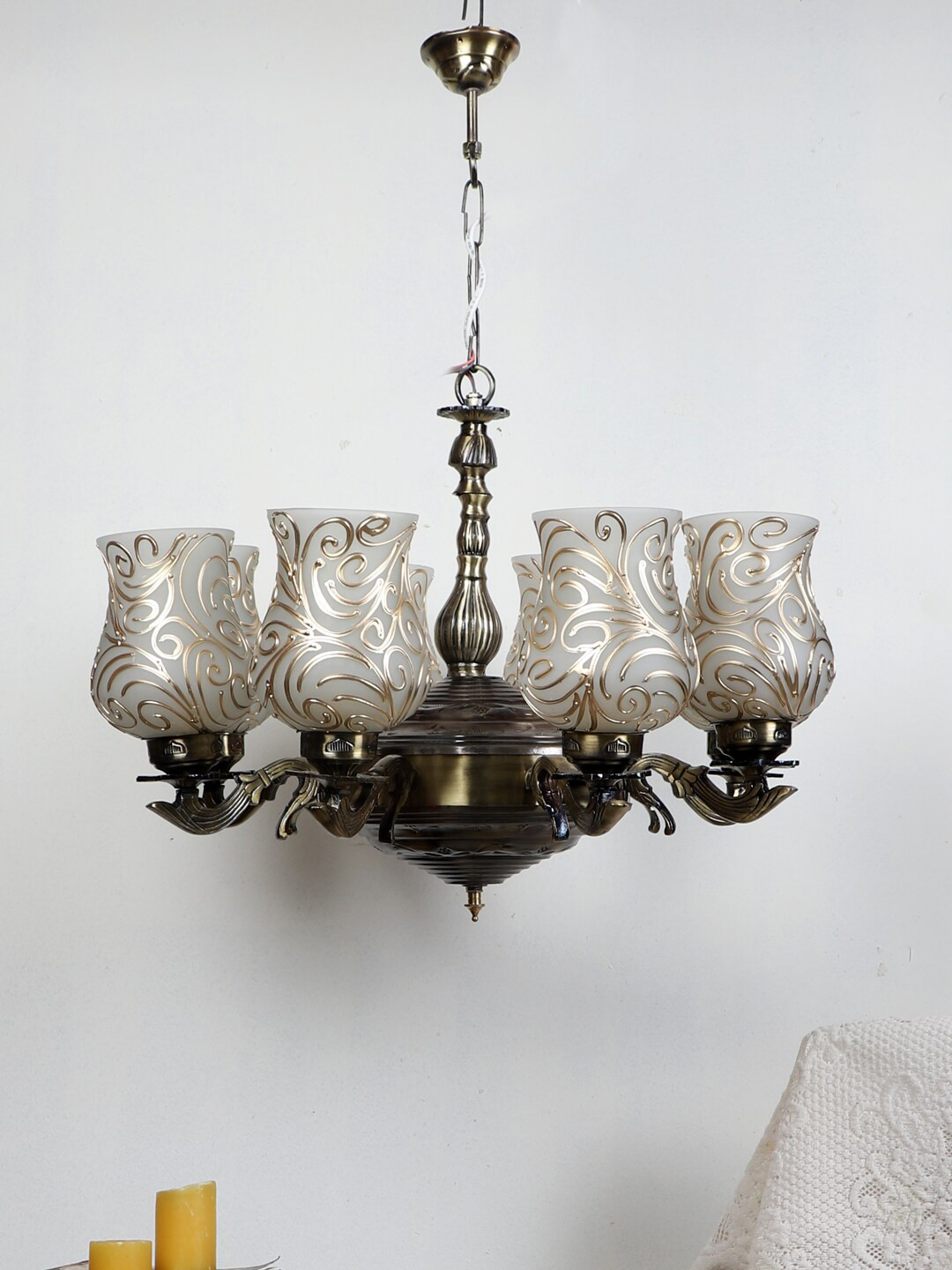 Devansh White Mosaic Design Glass 8 Shades Chandelier