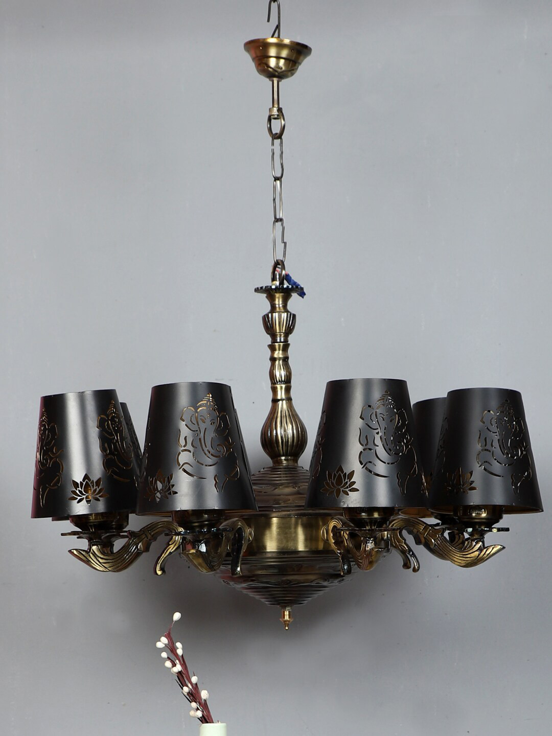 Devansh Black & Gold-Toned Lord Ganesh Design Metal Etching 8 Lamp Shades Chandelier