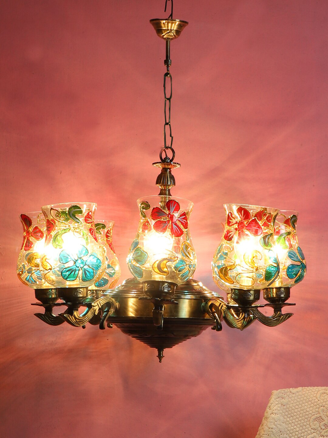 Devansh Red & Blue Mosaic Design Glass 8 Shades Chandelier