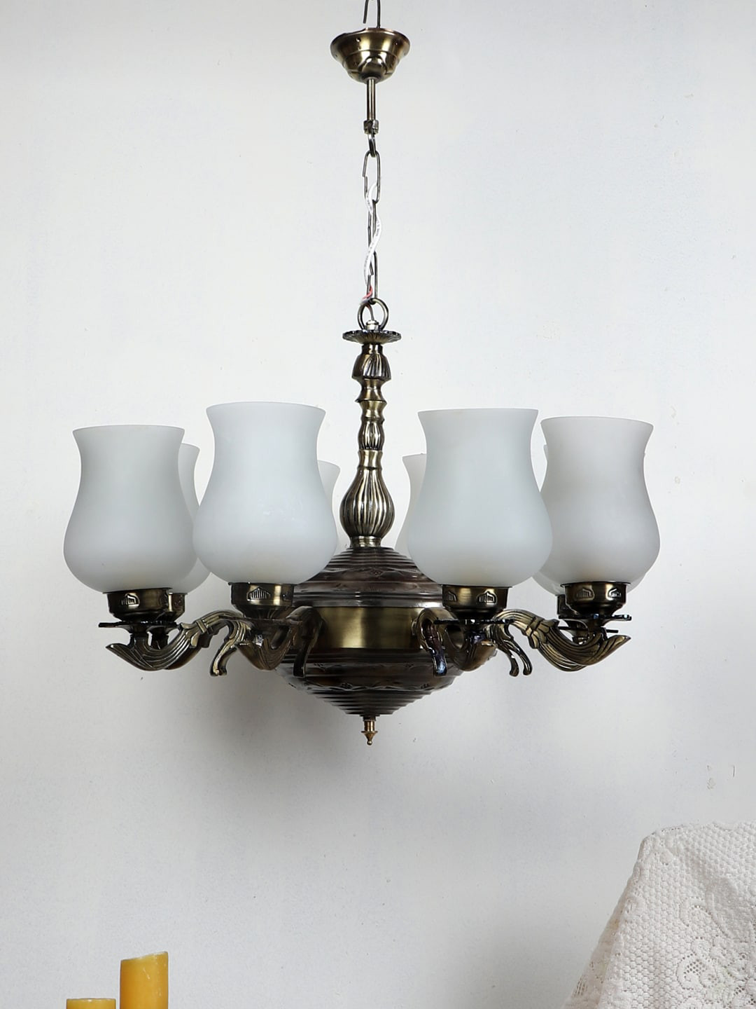 Devansh White & Gold-Toned Glass 8 Shades Chandelier
