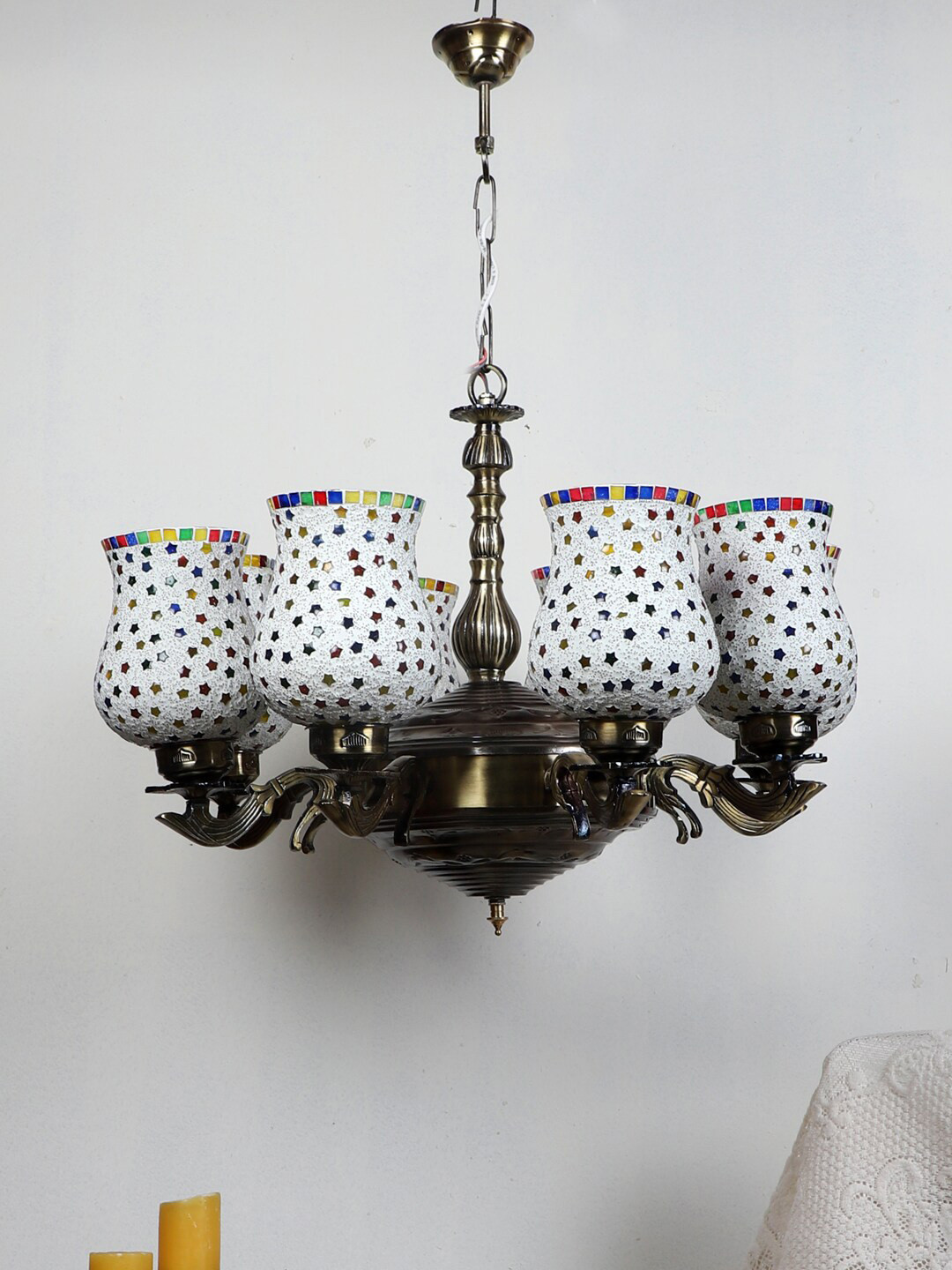 Devansh White & Yellow Mosaic Design Glass 8 Shades Chandelier