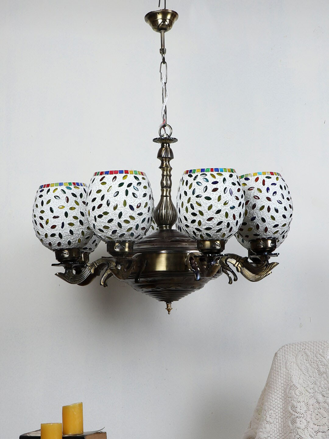 Devansh White & Green Mosaic Design Glass 8 Shades Chandelier