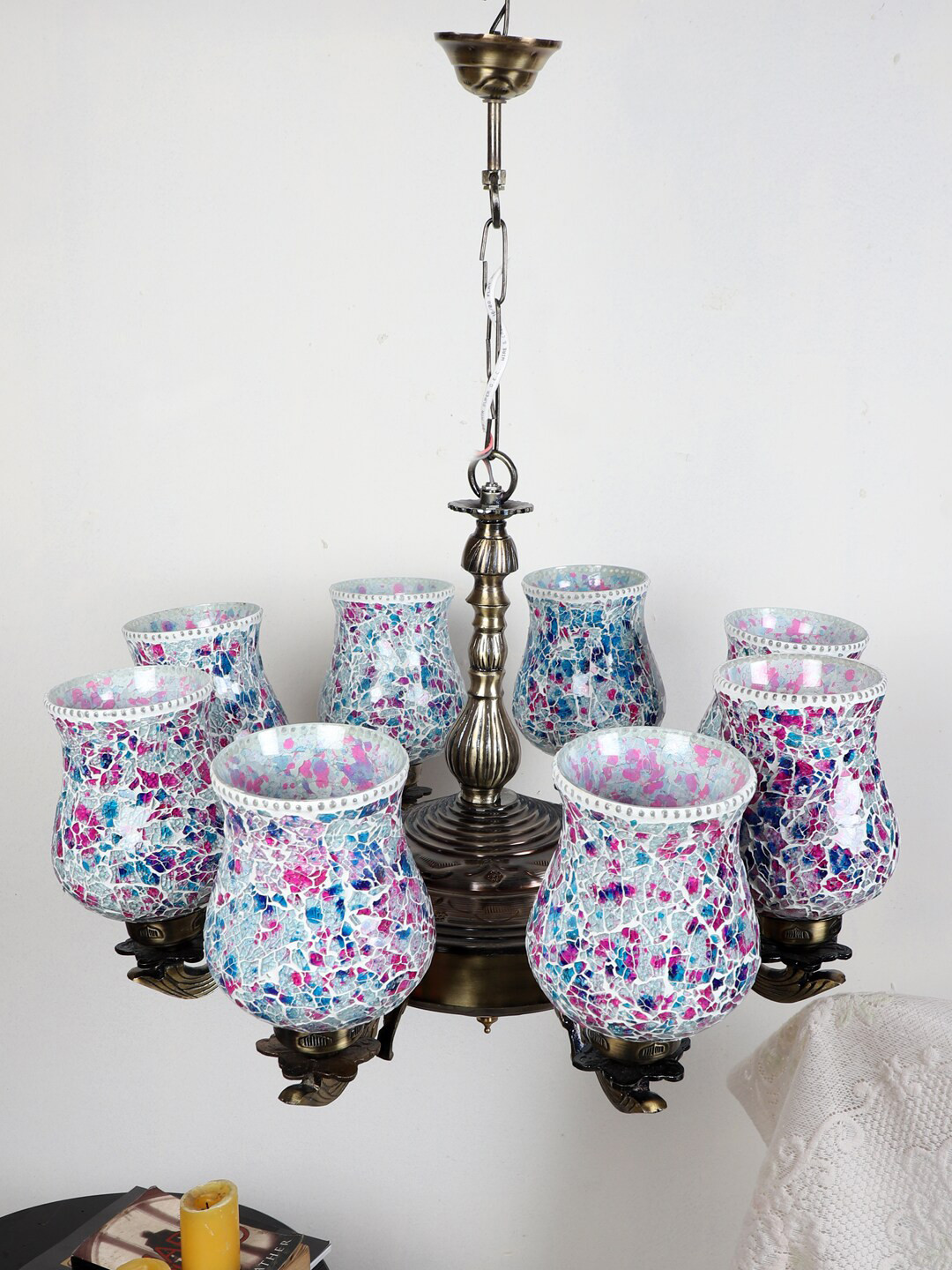 Devansh White & Pink Mosaic Design Glass 8 Shades Chandelier