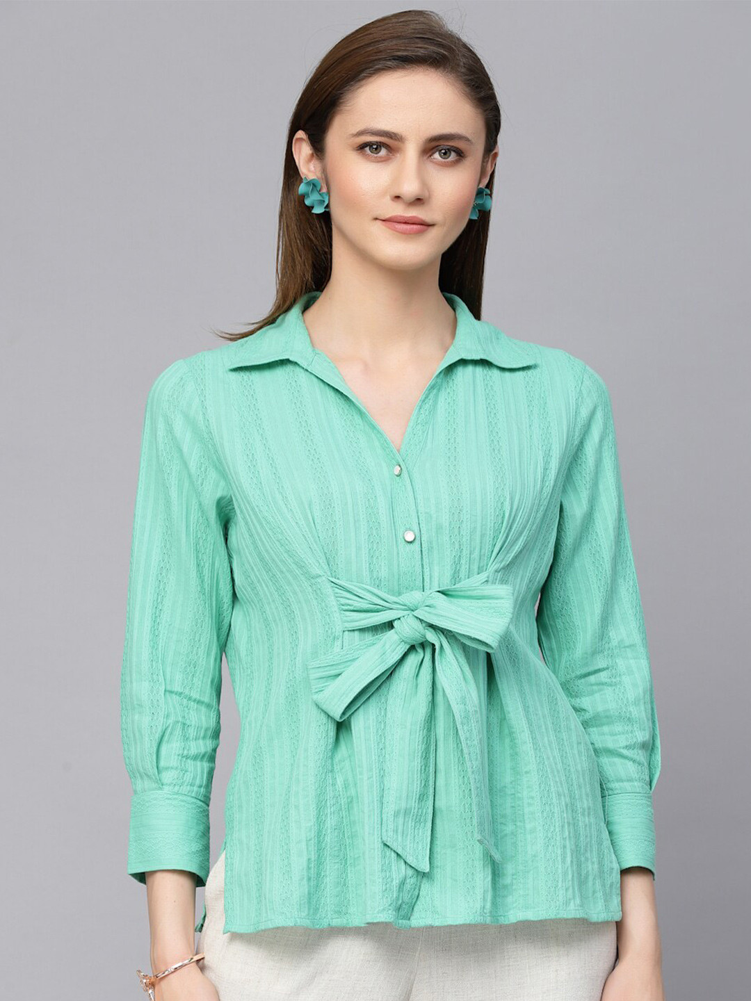 Gipsy Green Shirt Collar Embroidered Tunic