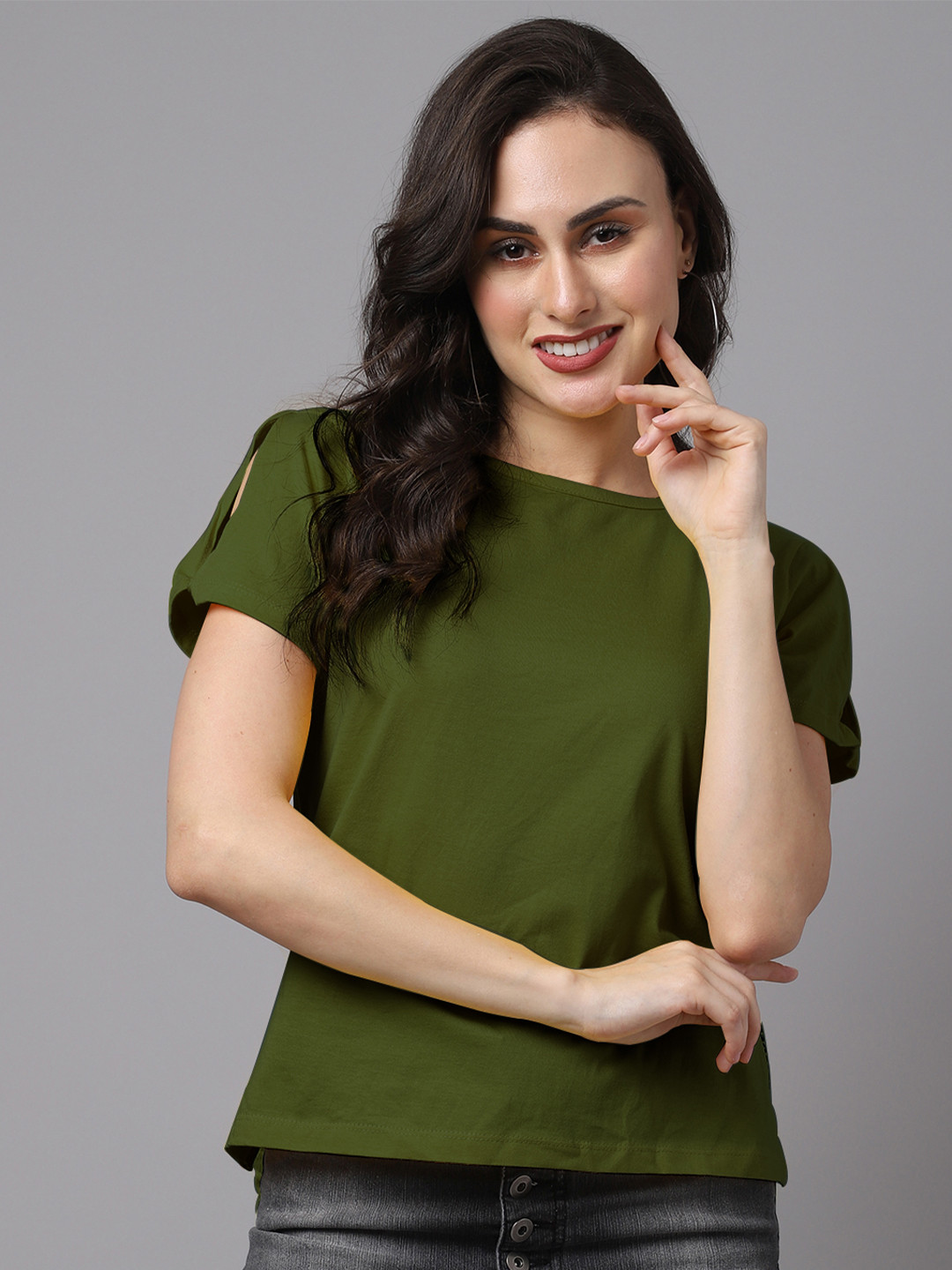 Friskers Round Neck Slit Sleeves High-Low Pure Cotton Top