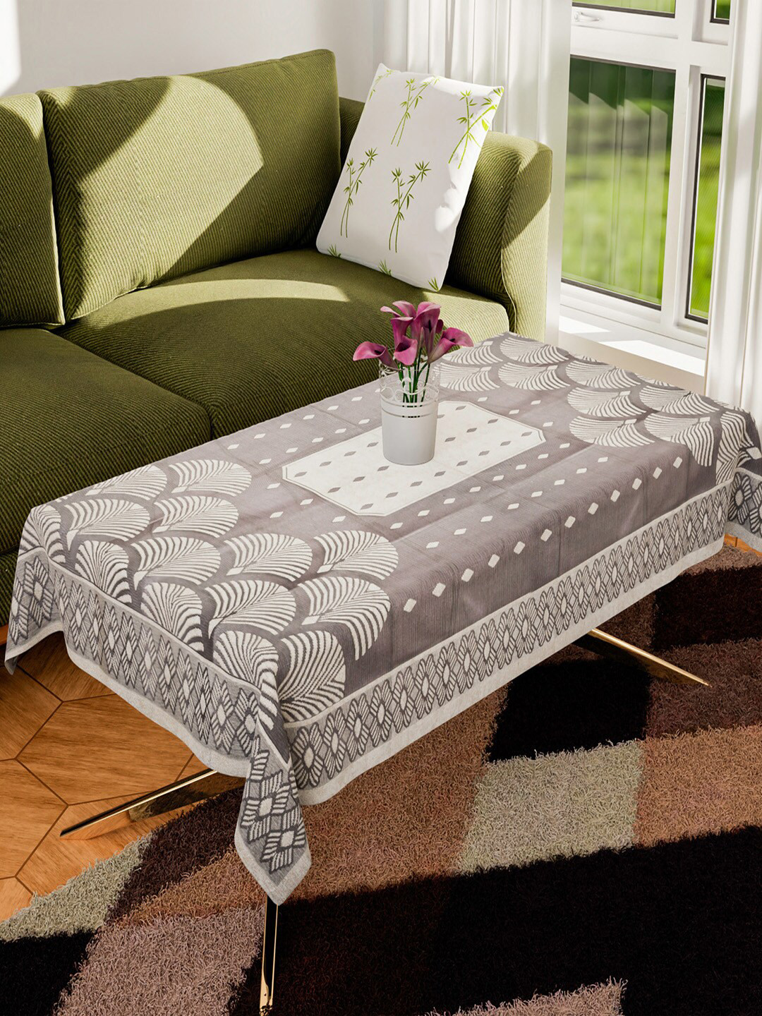 Kuber Industries Brown & White Printed Cotton Square 4-Seater Rainbow Design Table Cover