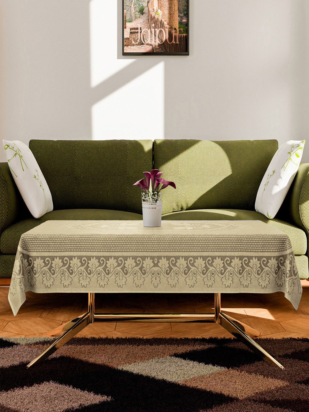 Kuber Industries Cream-Colored Printed Cotton Stain-Resistant 4-Seater Coffee Table Cover