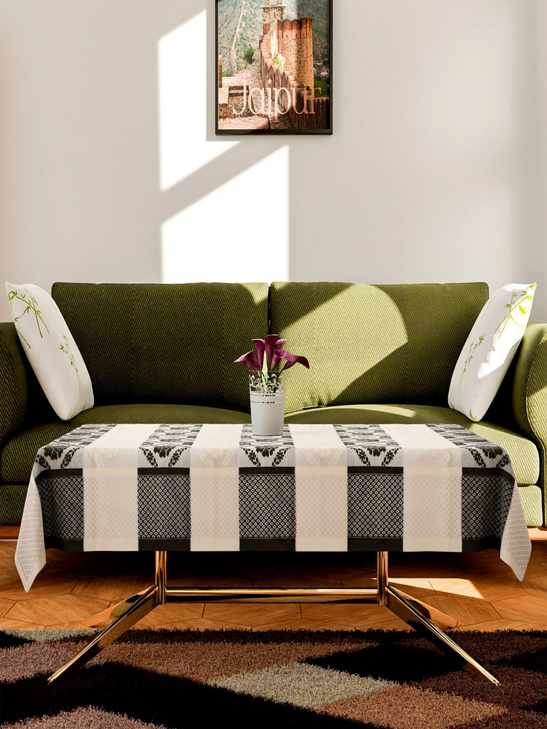 Kuber Industries Brown & Cream-Colored Floral Patta Design Cotton 4-Seater Coffee Table Cover