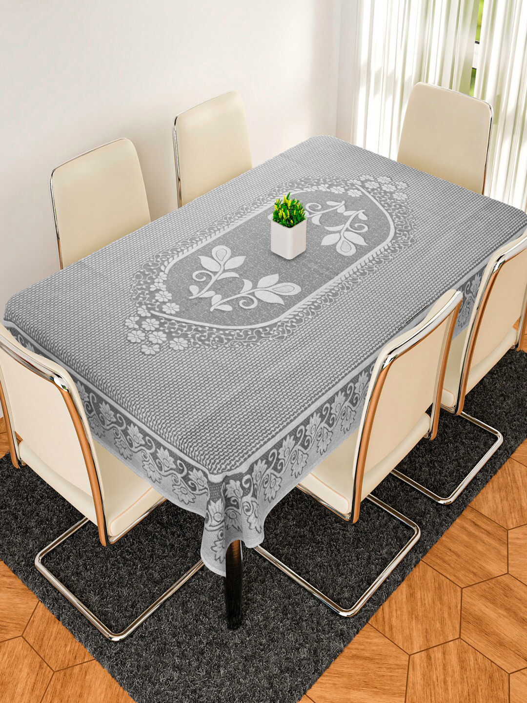 Kuber Industries White & Grey Floral Design Cotton 6-Seater Table Cover
