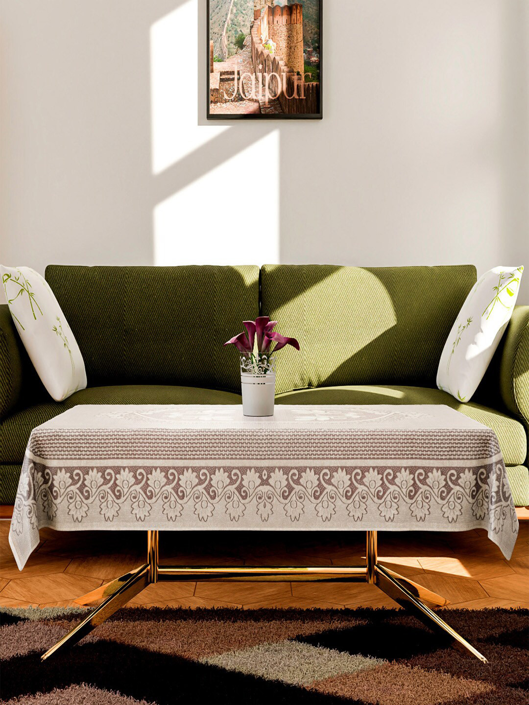 Kuber Industries Beige Floral Design Stain-Resistant Cotton 4-Seater Coffee Table Cover