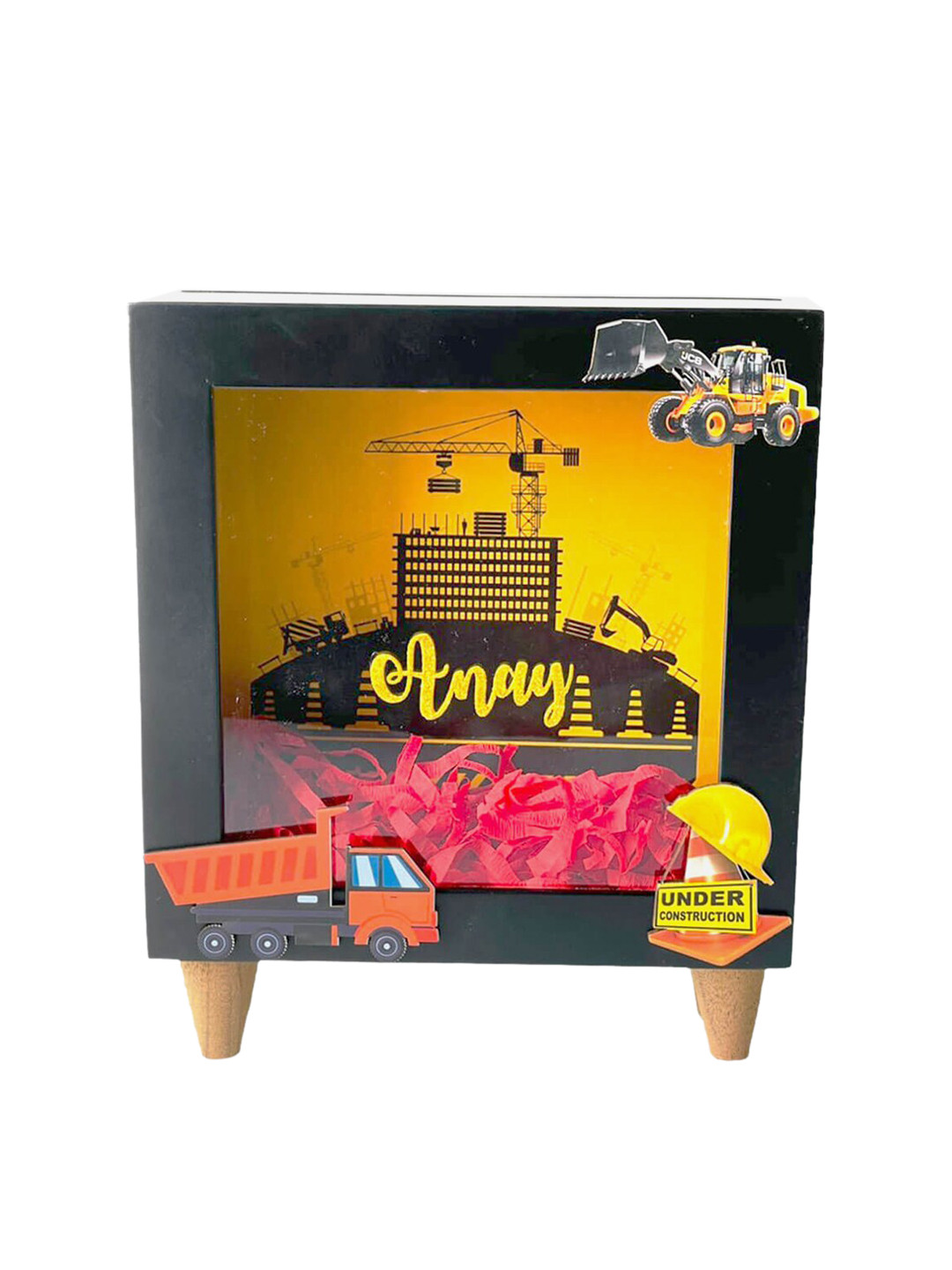 Little Surprise Box LLP Construction Theme Piggy Bank Black Wood Natural Living Room Set of 3 Small Showpieces - 8.3 Inches