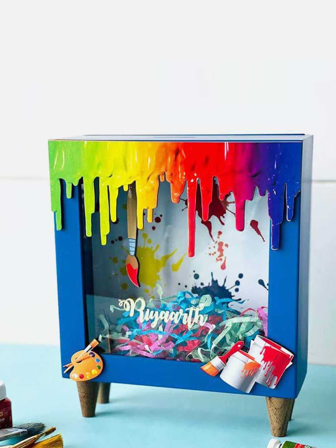 Little Surprise Box LLP Splash The Art Piggy Blue Wood Natural Kid Room Small Showpiece - 8 Inches