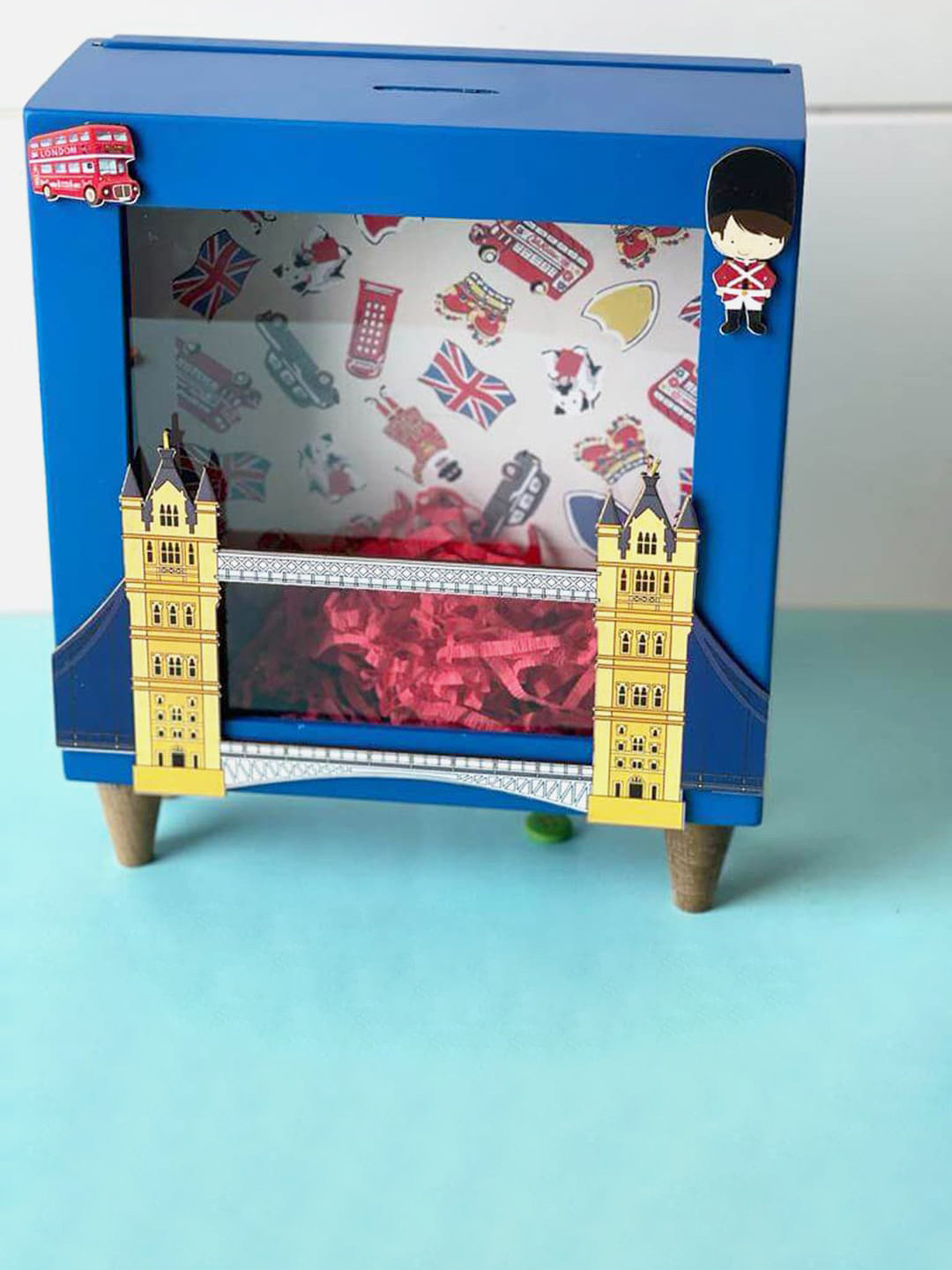 Little Surprise Box LLP Magnificient London Piggy Bank Blue Wood Glossy Kid Room Small Showpiece - 8.3 Inches