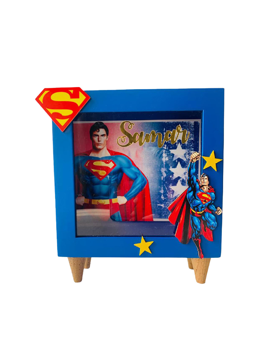 Little Surprise Box LLP Superman Piggy Blue Wood Natural Kid Room Small Showpiece - 3.1 Inches