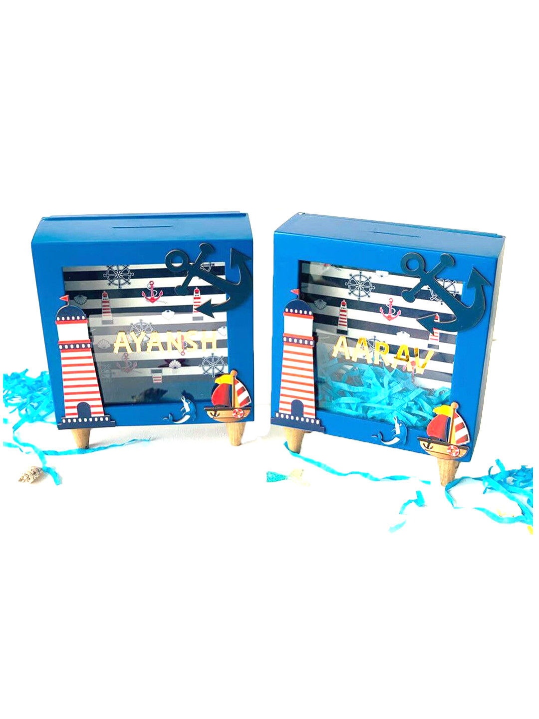 Little Surprise Box LLP Nautical Piggy Blue Glass Glossy Living Room Small Showpiece - 8.3 Inches