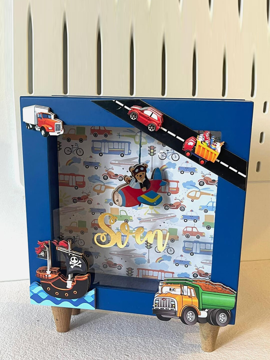 Little Surprise Box LLP Transport Love Piggy Bank Blue Wood Natural Living Room Small Showpiece - 8 Inches