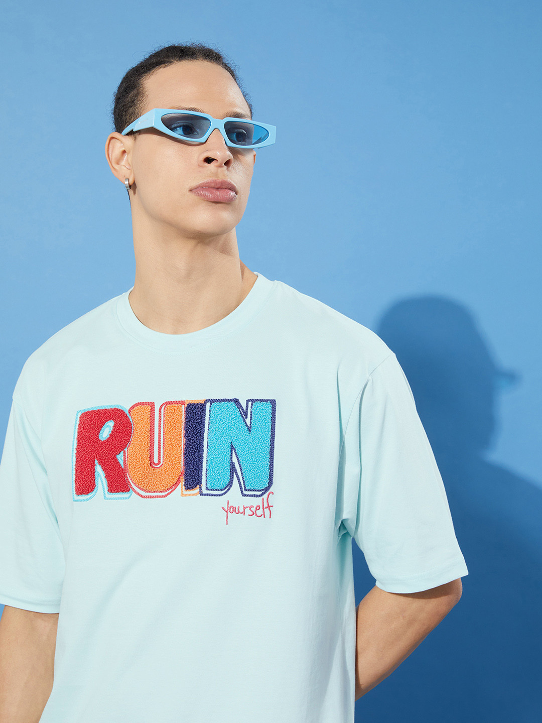 Difference of Opinion Men Blue Typography Embroidered Oversize Pure Cotton Longline T-shirt