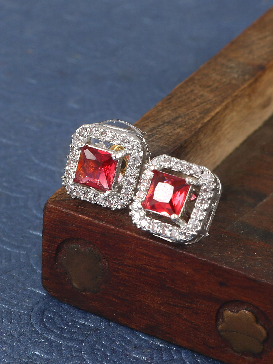 Jewar Mandi Silver Plated Square Cubic Zirconia Studs Earrings