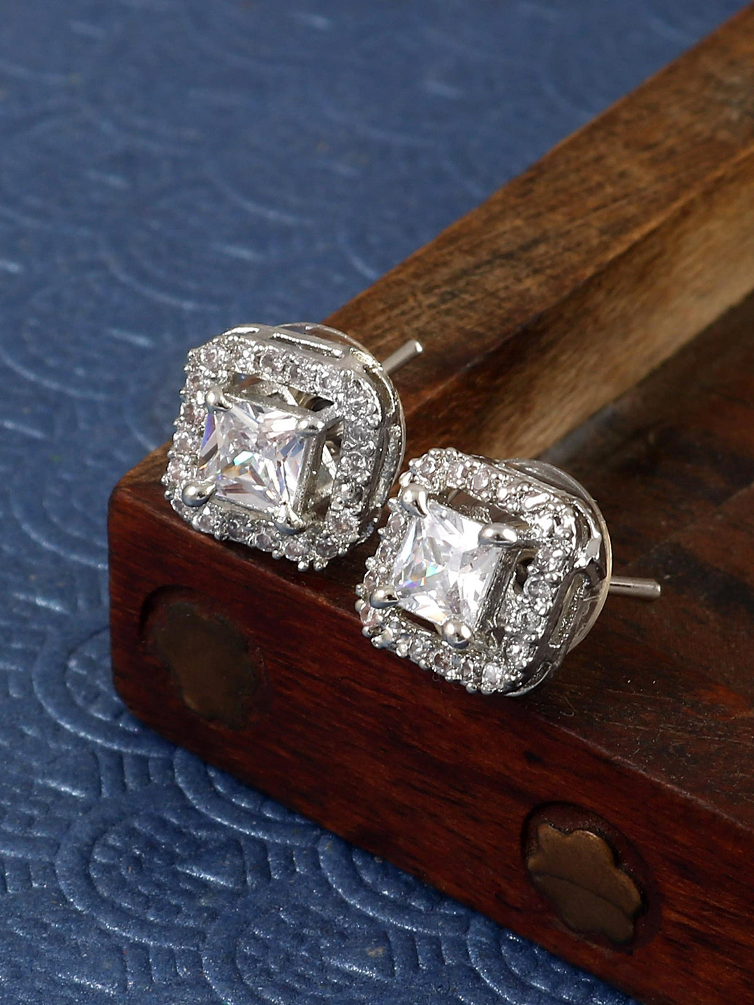 Jewar Mandi Silver Plated Square Cubic Zirconia Studs Earrings