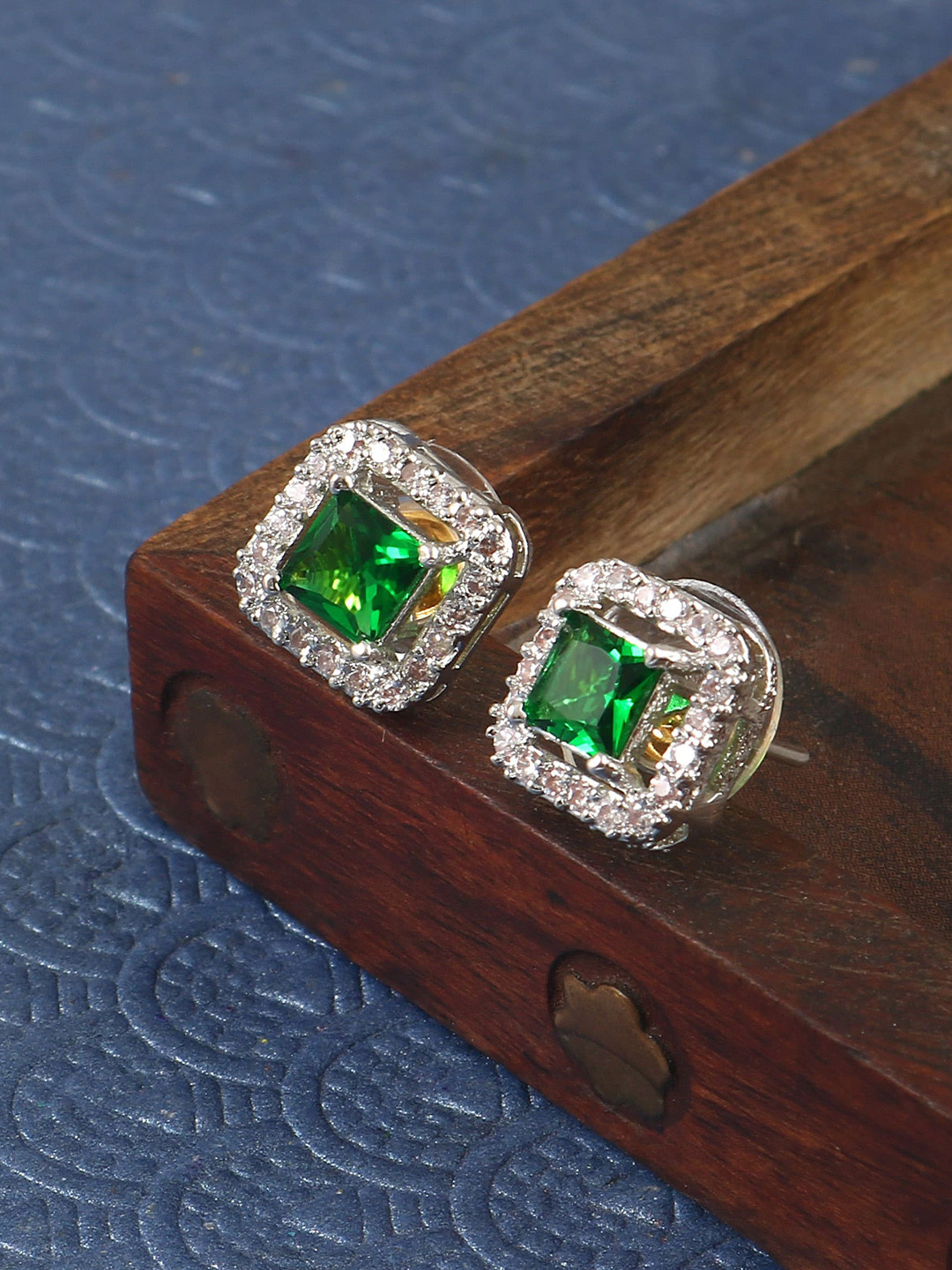 Jewar Mandi Silver Plated Square Cubic Zirconia Studs Earrings