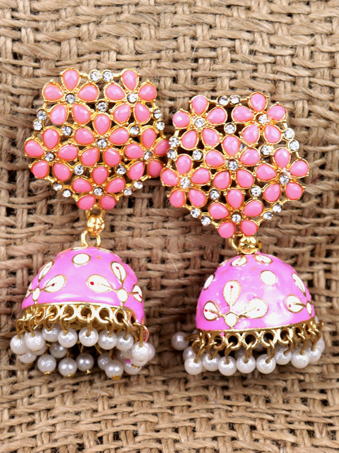 Krelin Gold Plated Meenakari Contemporary Stone Studded Jhumkas Earrings