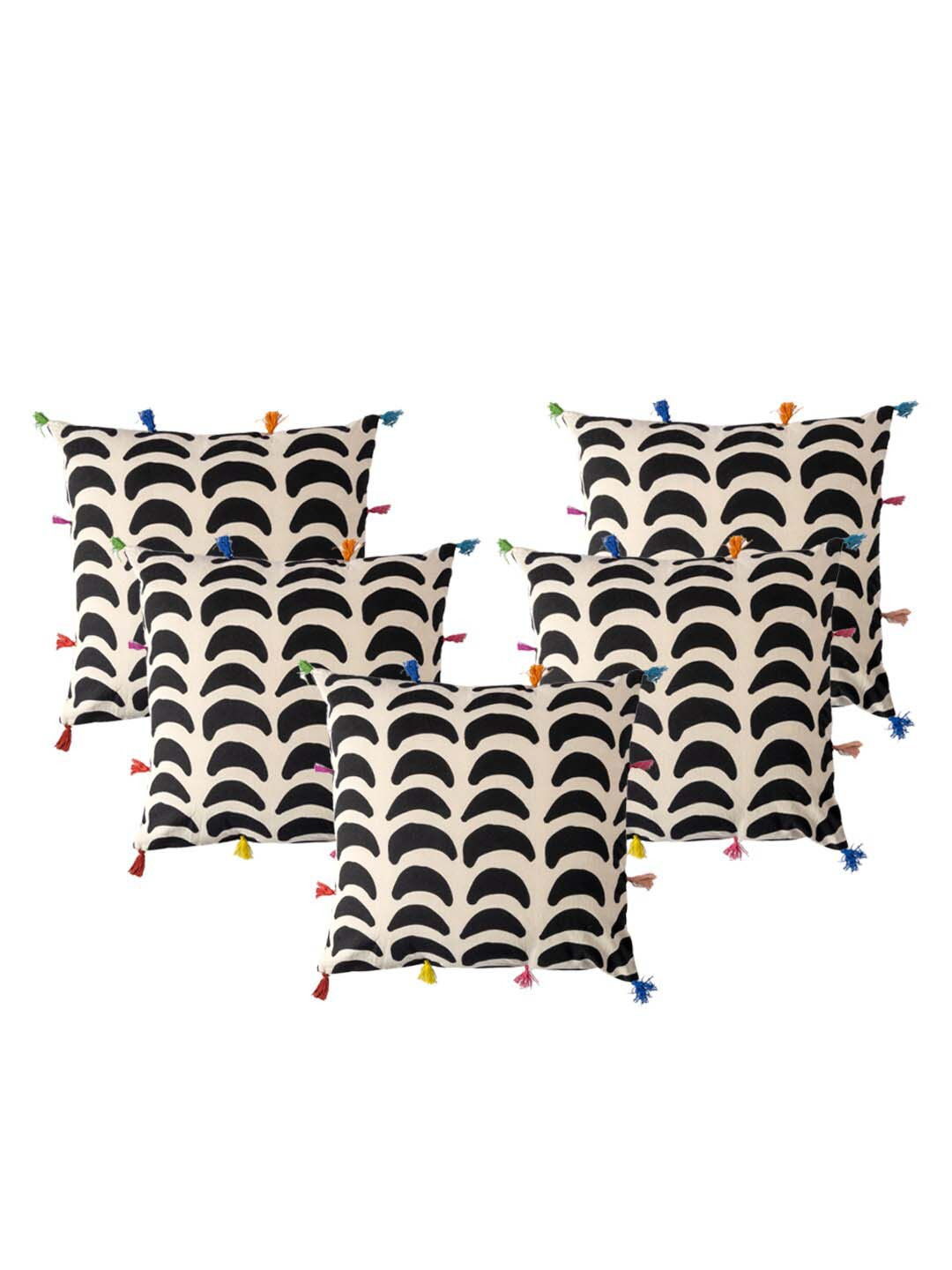 Contrast Living Black & Cream-Coloured 5 Pieces Geometric Cotton Square Cushion Covers
