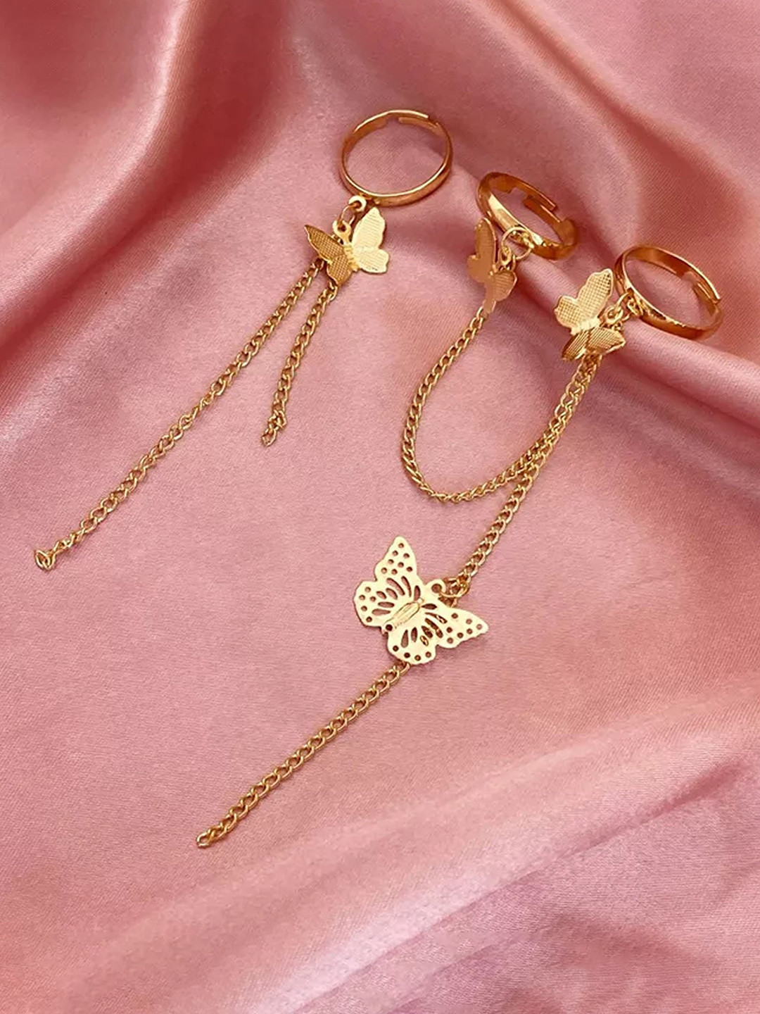 Pinapes Set Of 3 Gold Plated Chain Linked Butterfly Charm Finger Rings