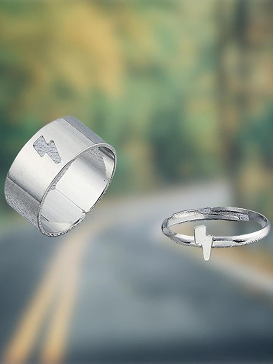 Pinapes Set Of 2 Silver-Plated Thunderbolts Adjustable Couple Rings