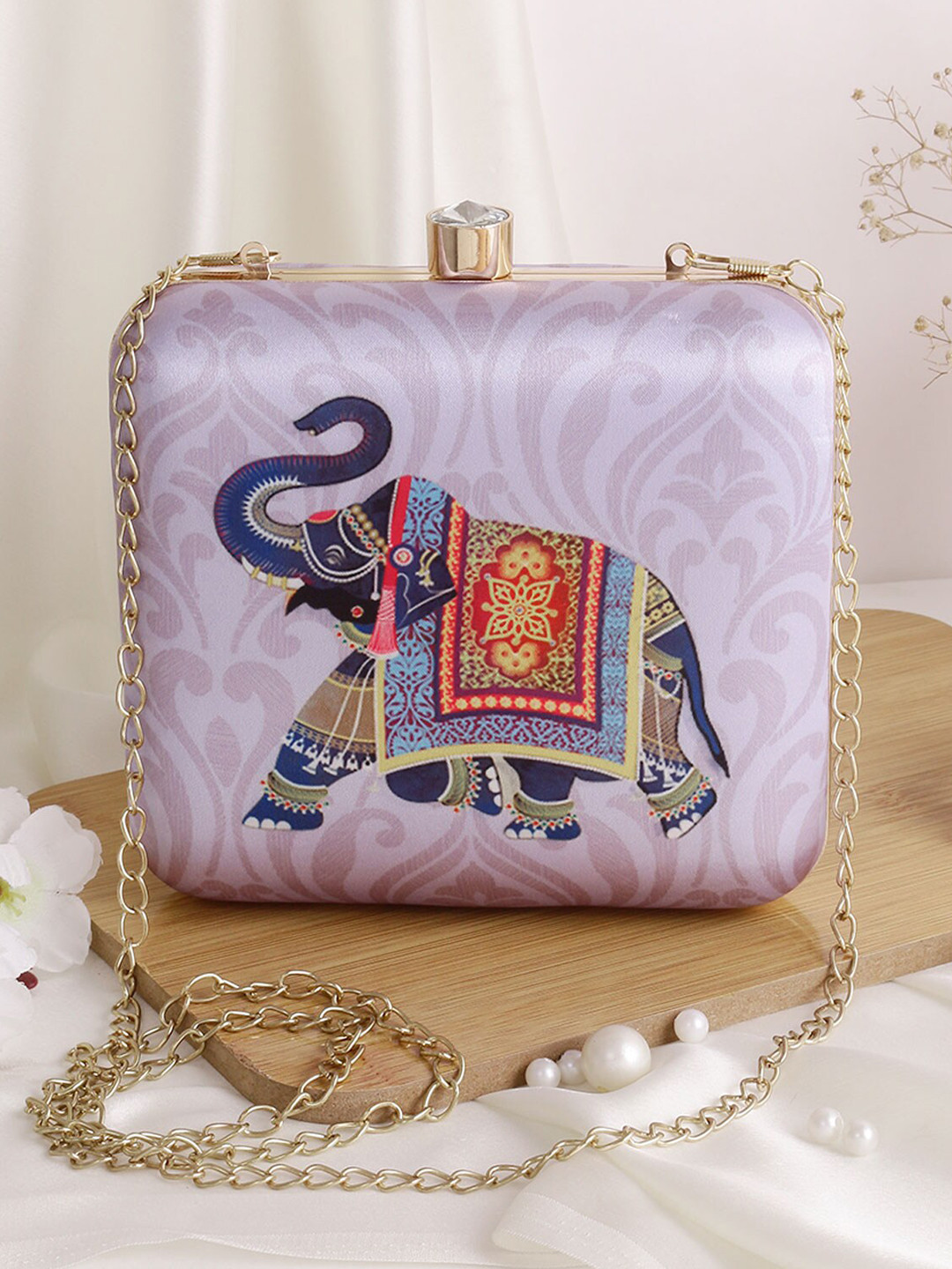 Swisni Purple & Black Printed Box Clutch
