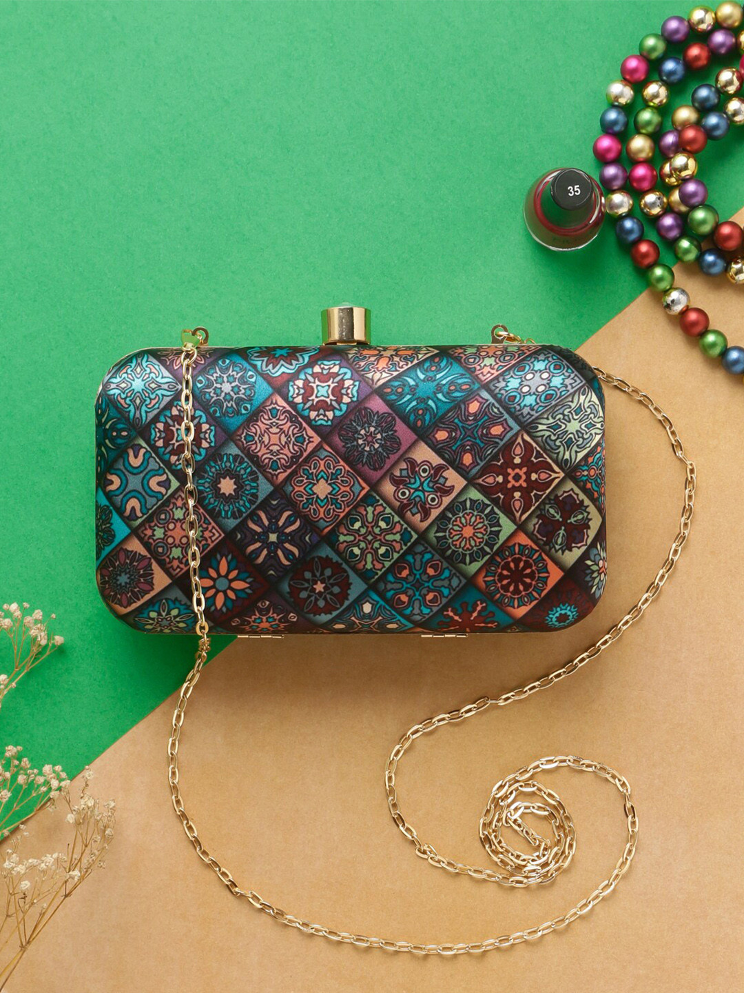 Swisni Ethnic Motif Printed Box Clutch With Sling Strap